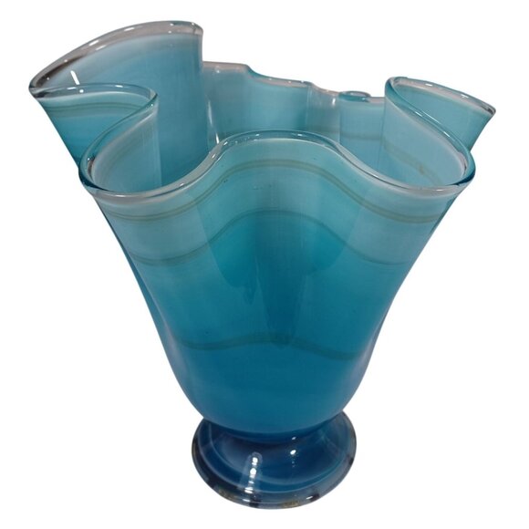 Hand Blown Ocean Waves Blue Art Glass Pedestal Vase Murano Mid Century Decor - Picture 7 of 16